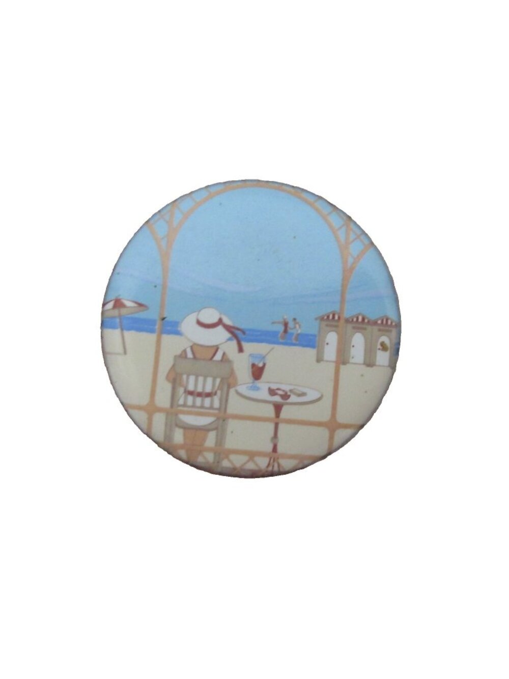 Ceramic Beach Scene Wine Bottle Stopper Wood Cork Barware Vineyard Decor Vintage